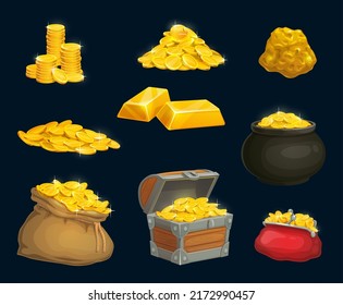 Cartoon golden coins, nugget, chest and wallet, bag and pot of gold game asset. Pirate treasure, sparkling gold pieces, vector isolated fantasy game mobile application ui elements. Cash money bonus