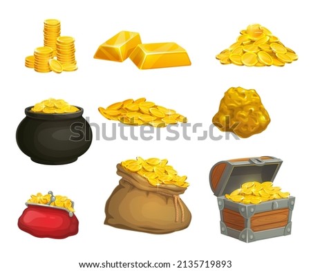 Cartoon golden coins, nugget, chest and wallet or bag, pot of gold, vector game asset. Gold and golden coins of pirate treasure, money bank and secret box of game reward bonus