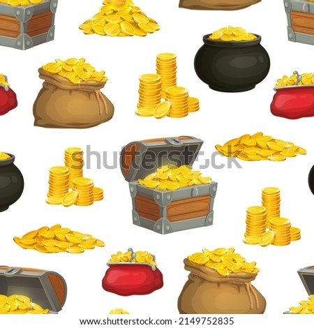 Cartoon golden coins, nuggets in chest, wallet or bag and pot of gold, vector seamless pattern background. Gold money and golden coins of pirate treasure or money bank and purse of wealth in pattern