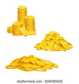 Cartoon golden coins pile and stacks, vector gold money icons. Golden coins currency, shiny gold piles and stack heaps of coins isolated on white for income and investment or wealth money - Shutterstock ID 2049285632