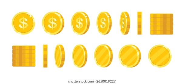 Cartoon golden coins. Rotating coin in various positions. Flat money icons for finance and game design. Metal coins falling, spinning, tilted, variety views for animation. Vector set.