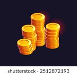 Cartoon golden coins stack. Money, pirate treasure, currency, income or savings, casino jackpot win, game asset. Isolated vector gold coins, shiners and cash piles. Wealth, profit or finance success