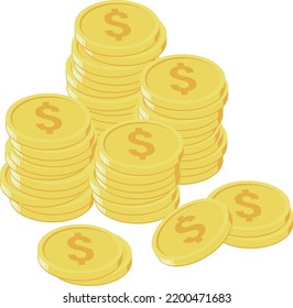 cartoon golden coins stacks. lots money, finance business profits and wealth gold coin pile vector illustration
