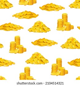 Cartoon golden coins stacks seamless pattern background, vector gold money cash. Golden coins piles of treasure fortune, casino jackpot win of dollars or penny cents currency pattern