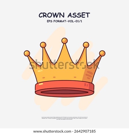 Cartoon golden crown with bold hand drawn lines and red accent on the ring. Flat colors with visible highlights and shadows. Vector EPS10 in doodle art style.