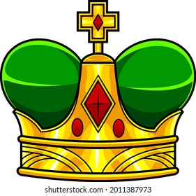 Cartoon Golden Crown With Red Diamonds. Vector Hand Drawn Illustration Isolated On Transparent Background