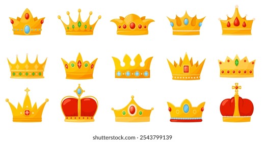 Cartoon golden crowns. Royal coronas with precious stones. Monarchic elements. King metal hats. Imperial symbols of power. Queen jewelry headwear. Coronation diadems