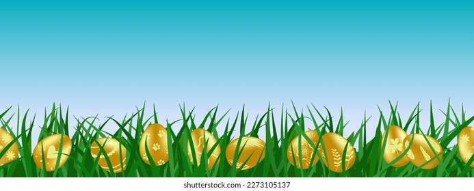 Cartoon golden Easter eggs decorated with patterns, hidden in green grass under beautiful blue sky. Lush green meadow on sunny spring day. Egg hunt seamless border background