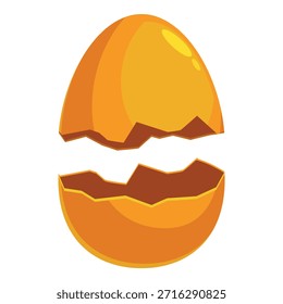 Cartoon golden eggshell breaking open, revealing emptiness, isolated on white background