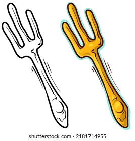 Cartoon golden fork or trident. Vector icon isolated on white background.