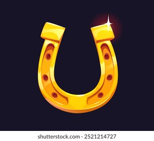 Cartoon golden horseshoe award, symbol of luck, protection, prosperity and success, victory, fortune and achievement. Vector sparkling gold horse shoe talisman brings good fortune and ward off evil