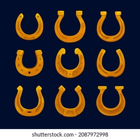 Cartoon golden horseshoes, vector symbols of good luck. Blacksmith horse shoe made of gold metal, lucky or fortune talisman of St Patricks Day Irish holiday, cowboy, Wild West western game interface