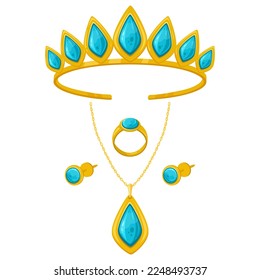 Cartoon golden jewelry set. Precious tiara, necklace and ring, gold glamorous jewelry, green gemstones earrings, ring and necklace flat vector illustration on white background