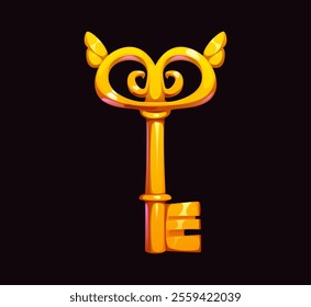 Cartoon golden key with heart shaped handle, symbol of love and romance for Valentine Day celebration. Vector gold skeleton with elegant curves conveys affection, mystery and security for the holiday