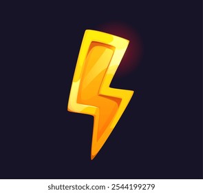 Cartoon golden lightning award. Isolated vector bold and shiny lightning bolt or flash with sharp edges symbolizing power, energy or speed, high achievement or excellence. Prize or asset in video game