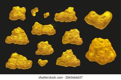 Cartoon golden nuggets, mining industry or game asset, vector icons. Mine gold stones or ore piles and goldmine rocks, gold rush treasures and golden nuggets for game UI assets