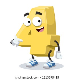 cartoon golden number 4 four mascot showing himself on a white background