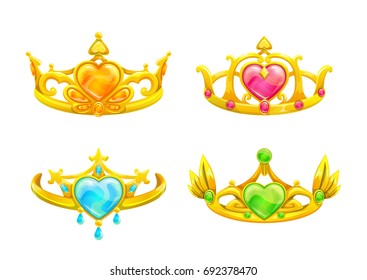 Cartoon golden princess crowns set. Vector icons on white background.