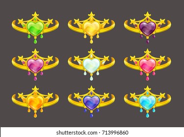 Cartoon golden princess crowns set. Vector icons on white background.