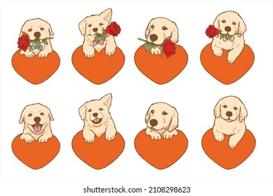 Cartoon Golden Retrieve Hund mit roter Rosenblume mit Herz, Lieblicher Hund verliebt auf Valentinstag