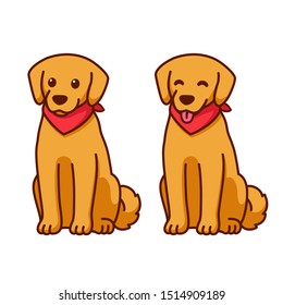 Cartoon Golden retriever drawing with red bandana. Friendly dog sitting with tongue out. Cute pet labrador vector illustration.