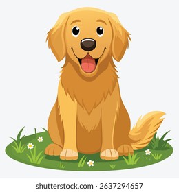 a cartoon golden retriever sits happily on a patch of grass with small white flowers, against a plain white backdrop in a simple illustration.