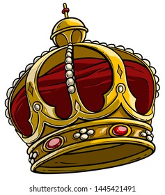 Cartoon golden royal king crown with diamonds and gems. Isolated on white background. Vector icon.