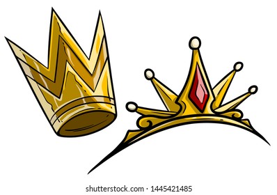 Cartoon golden royal queen crown with diamonds and gems. Isolated on white background. Vector icon.