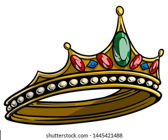 Cartoon golden royal queen tiara with diamonds and gems. Isolated on white background. Vector icon.