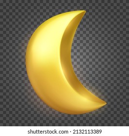 Cartoon golden shiny moon isolated on transparent background. Realistic 3d design element. Colorful clay, plastic or soft toy object. Beautiful vector illustration.