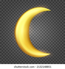 Cartoon golden shiny moon isolated on transparent background. Realistic 3d design element. Colorful clay, plastic or soft toy object. Beautiful vector illustration.