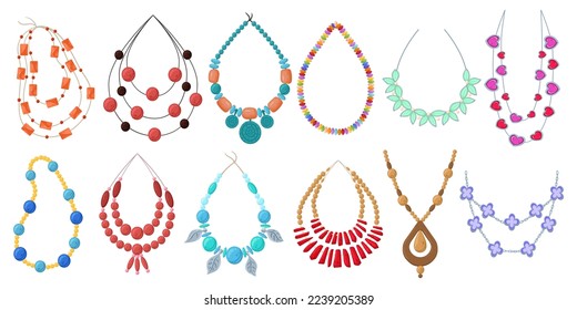 Cartoon golden and silver necklaces. Precious gem stones, beads, pearls, diamonds necklace, gold chains and chokers flat vector illustration set. Glamorous jewelry collection