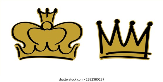 Caricatura de la corona de sketch dorado. Icono de la corona del graffiti, coronas de reina o rey. Símbolos reales de coronación imperial, monarca majestuosa joyería tiara iconos. Príncipes en príncipes, diademas o coronas de oro de diamantes