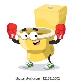 cartoon golden toilet pan mascot in red boxing gloves on white background
