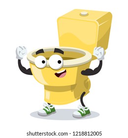 cartoon golden toilet pan mascot shows its strength on a white background