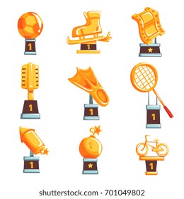 Cartoon golden trophy cups, awards and achievements set of vector Illustrations