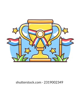 cartoon golden trophy with stars,with victory flag.vector illustration of success and winner award.white background