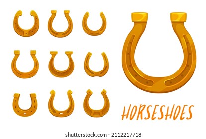 Cartoon golden vector horseshoes. Golden horse shoes, traditional good luck symbol, casino or St. Patricks day, lucky talisman, fortune or ui game asset elements. Isolated on white