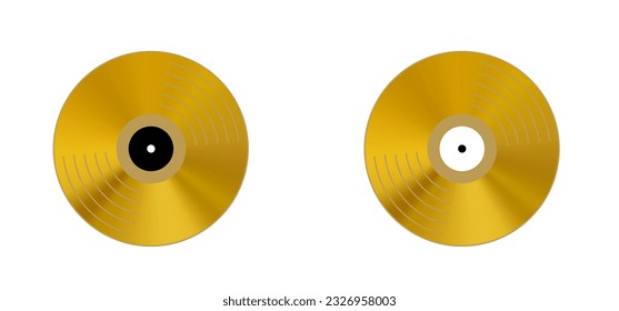 Cartoon golden vinyl or lp icon symbol. dj symbol. retro gold vinyl record album. Music plate, cover or envelope. Phonograph, turntable. Music recording. Gramophone label and badge. Pop award.