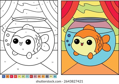 Cartoon Goldfish in Bowl Color By Number Activity for Children, Educational Worksheet with Numbered Coloring Page
