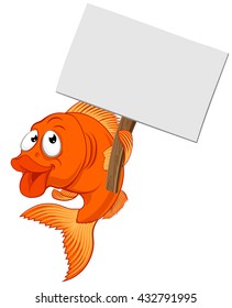 A cartoon goldfish character holding a sign board