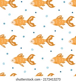 Cartoon goldfish seamless pattern. Sea life theme background in yellow colors. Ocean, wildlife or baby animals wallpaper. Flat style illustration.