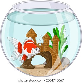 Cartoon goldfish swimming in fishbowl