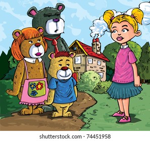 Cartoon of Goldilockes and the three bears infront of the bears house