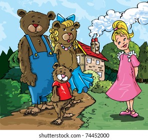 Cartoon of Goldilockes and the three bears infront of the bears house