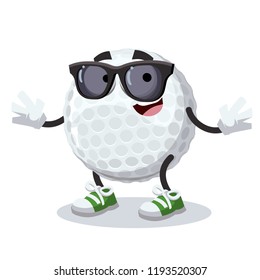 cartoon golf ball character mascot in black sunglasses on a white background
