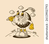 Cartoon golf ball character with relaxed mood, retro colors, and cool vintage style illustration