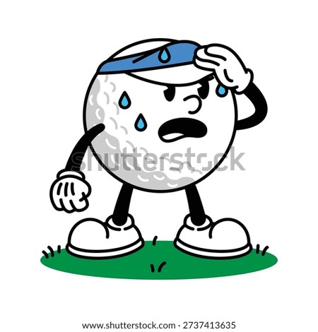 A cartoon golf ball with a face and arms is depicted sweating profusely, wearing a headband, suggesting exertion or heat. Golf Retro Mascot Cartoon Character.