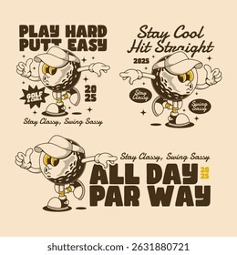 Cartoon golf ball with funny quotes for apparel prints