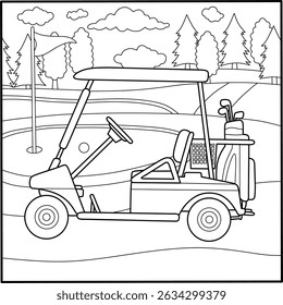 Cartoon golf cart on a golf course, with flag and clubs. Sport vehicle outline for kids' coloring, hobby themes, and leisure activity sheets